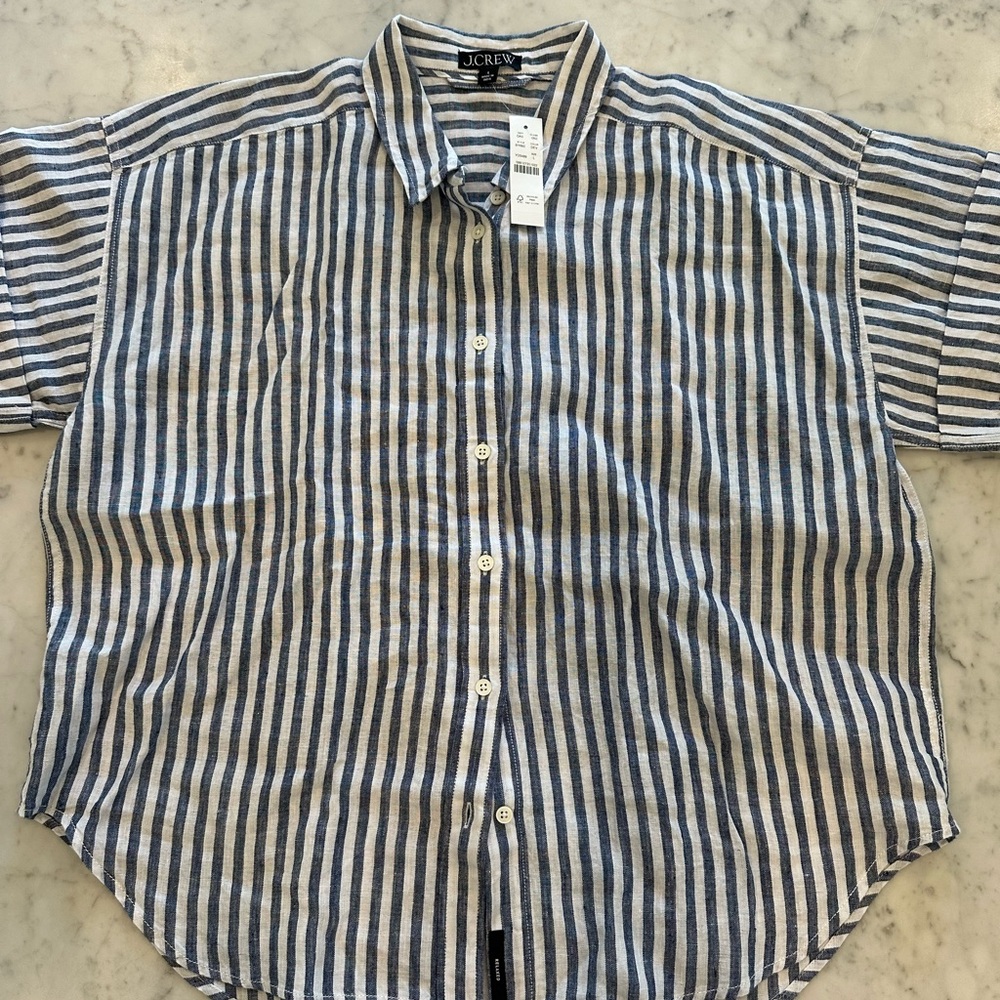 New NWT J. Crew blue striped women’s linen shirt size large